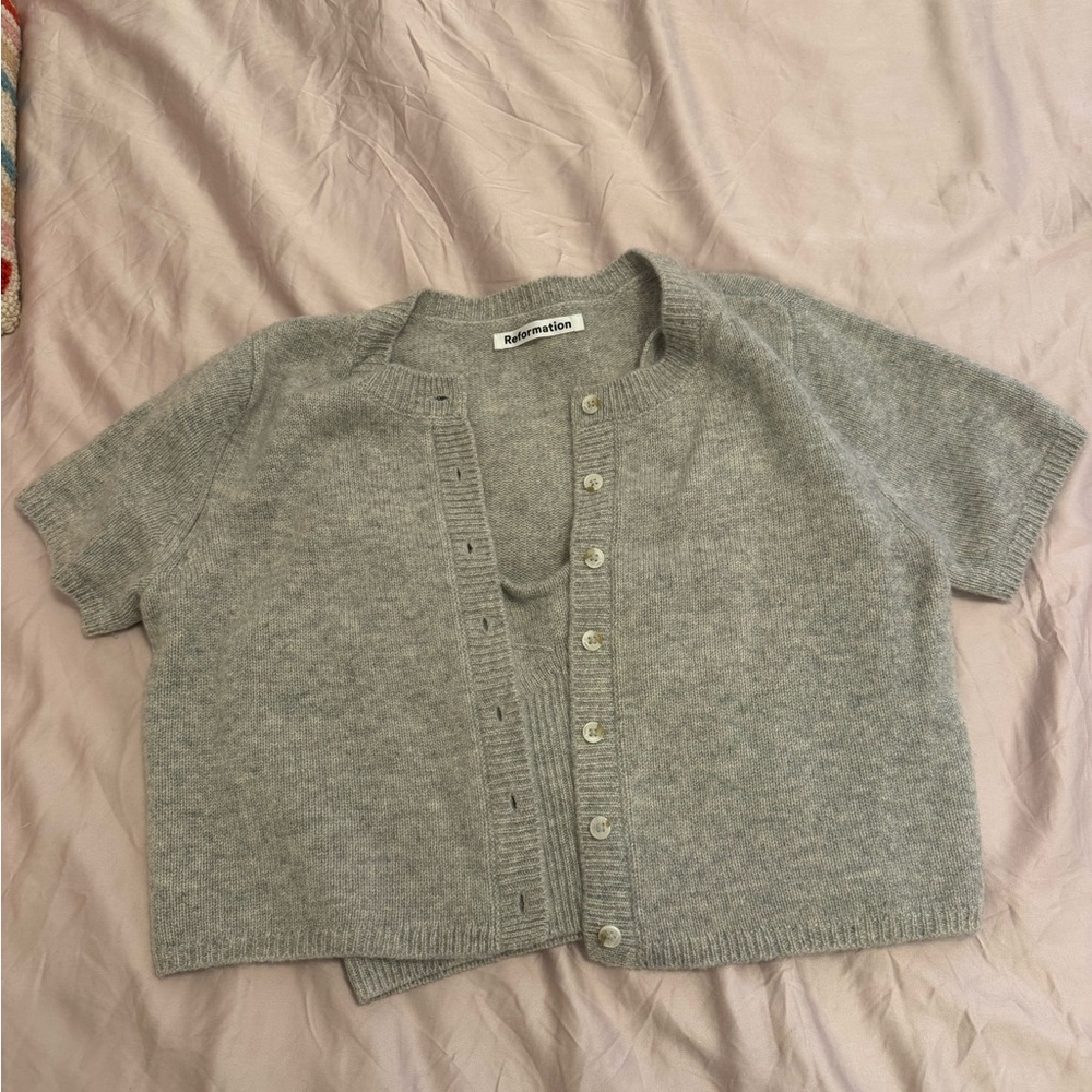 Reformation Heather Gray Short-Sleeve Knit Cardigan Set